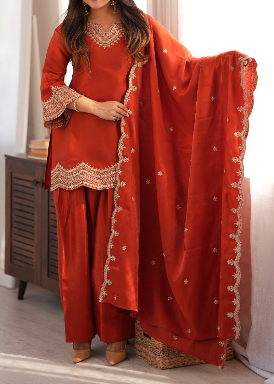 Designer Roman Silk Farshi Salwar Set With Sequence & Zari Work