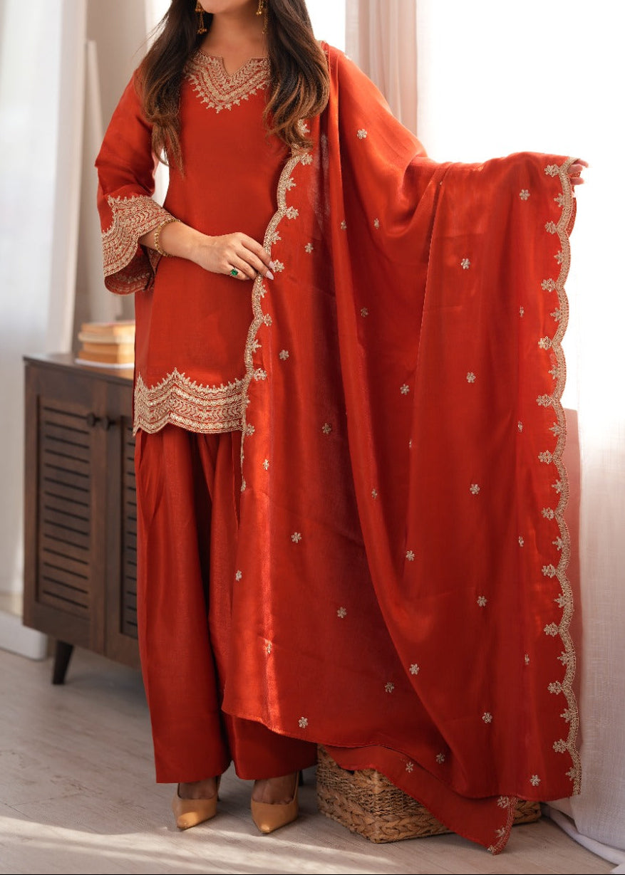 Designer Roman Silk Farshi Salwar Set With Sequence & Zari Work