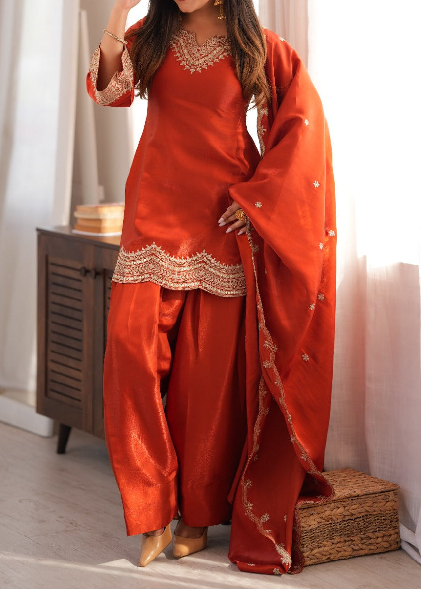 Designer Roman Silk Farshi Salwar Set With Sequence & Zari Work