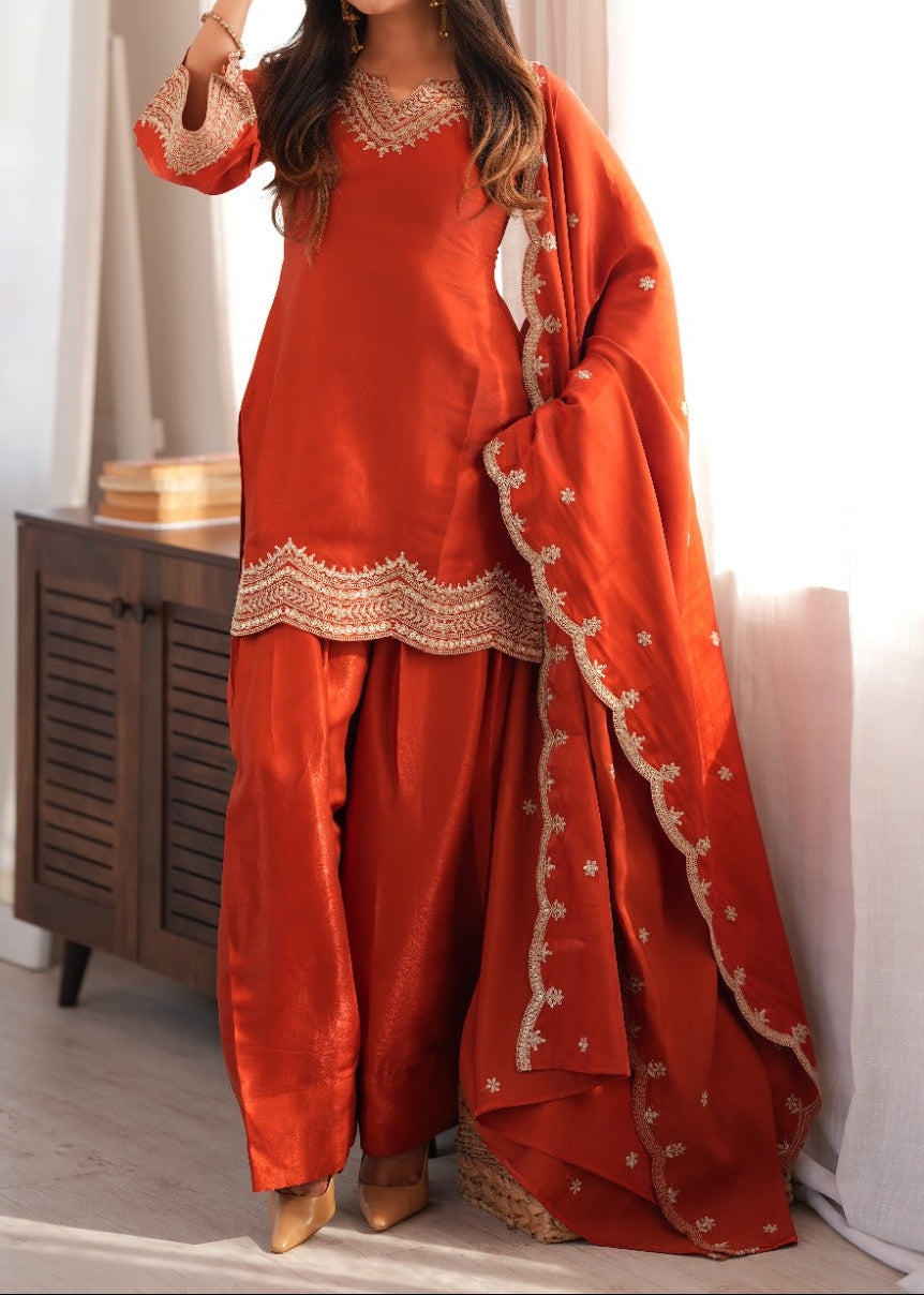 Designer Roman Silk Farshi Salwar Set With Sequence & Zari Work