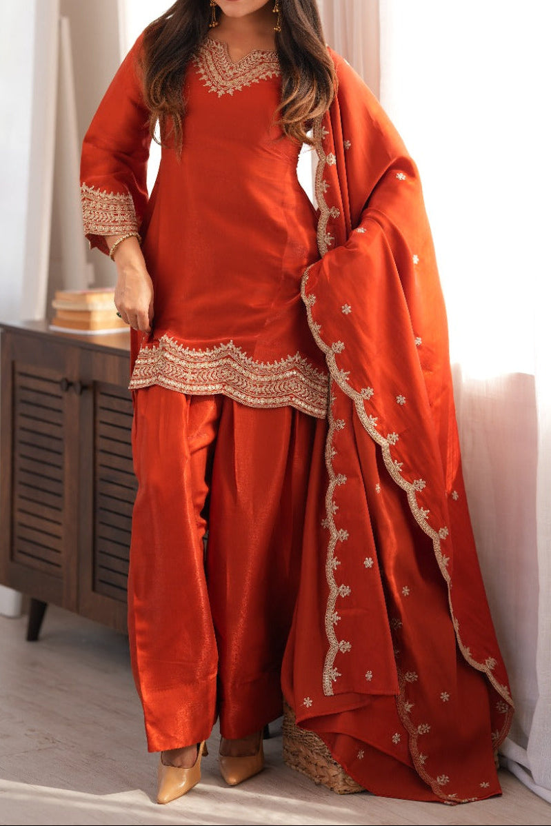 Designer Roman Silk Farshi Salwar Set With Sequence & Zari Work