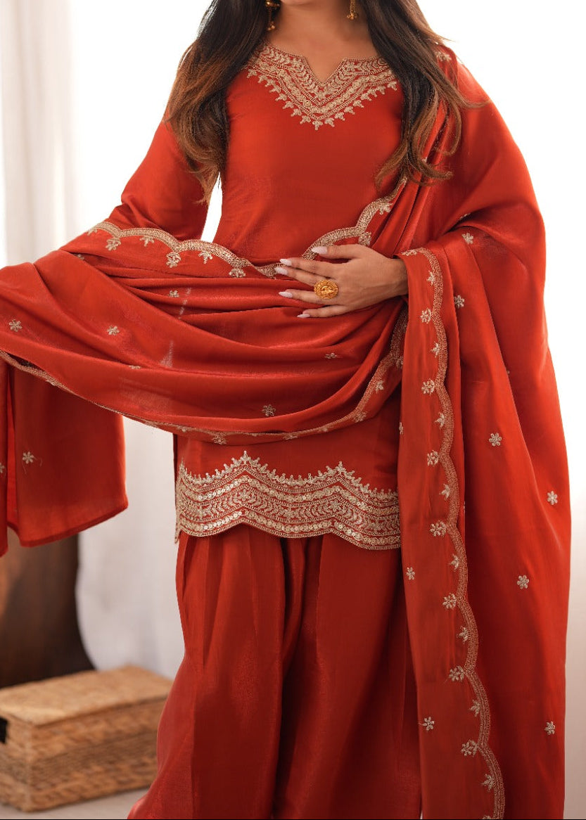 Designer Roman Silk Farshi Salwar Set With Sequence & Zari Work