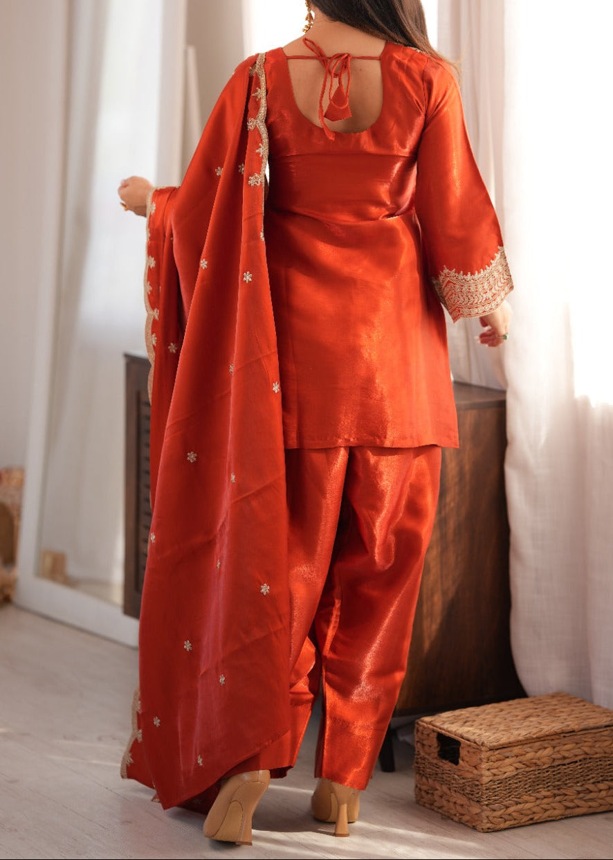 Designer Roman Silk Farshi Salwar Set With Sequence & Zari Work
