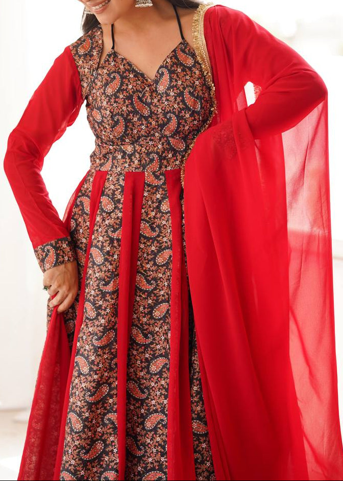 Black & Red Paisley Print Anarkali Set with Pant & Dupatta