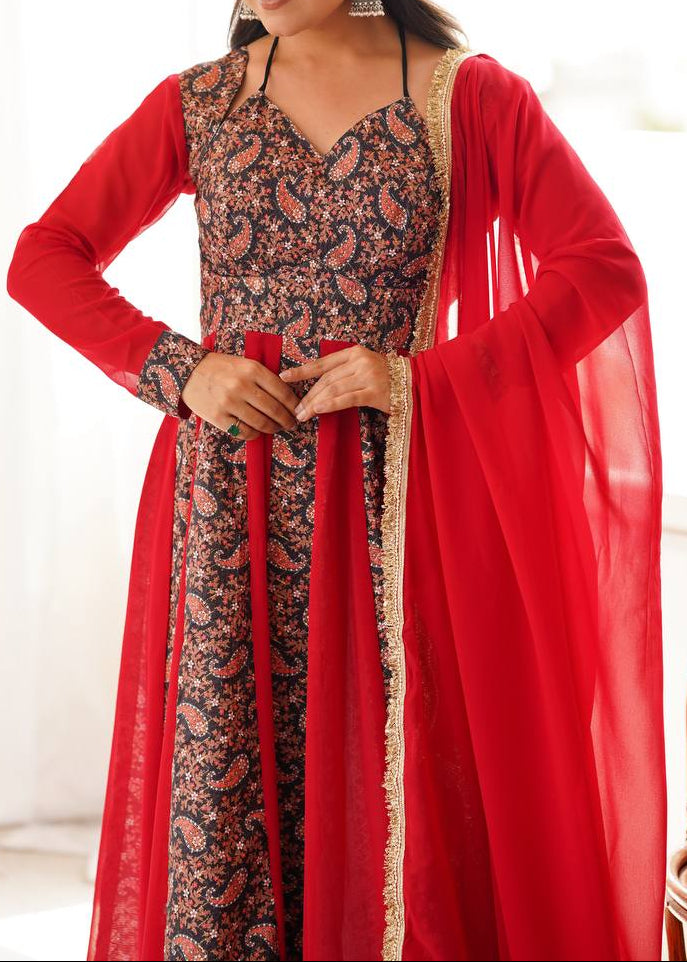 Black & Red Paisley Print Anarkali Set with Pant & Dupatta