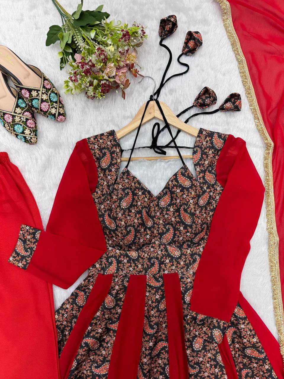 Black & Red Paisley Print Anarkali Set with Pant & Dupatta