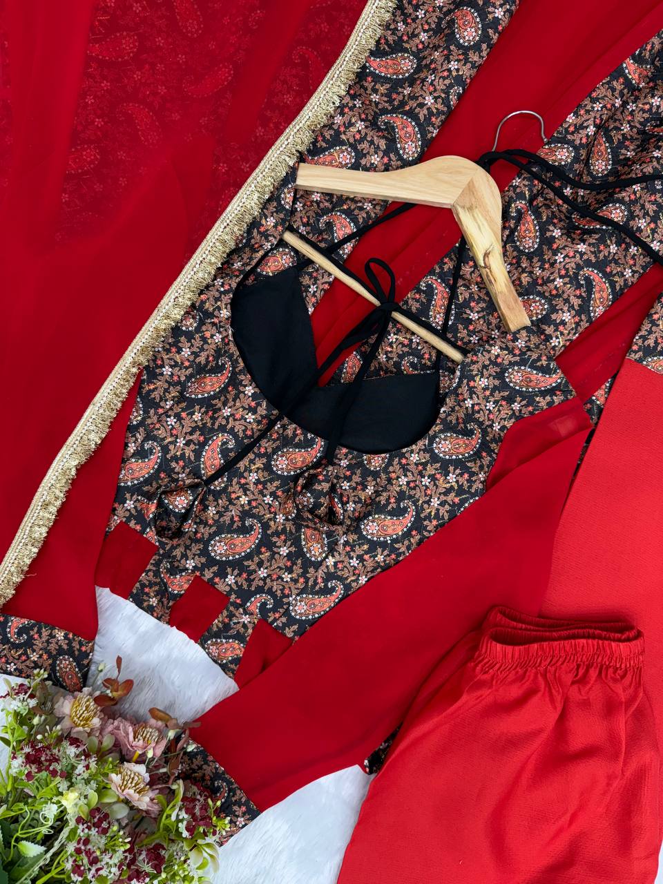 Black & Red Paisley Print Anarkali Set with Pant & Dupatta