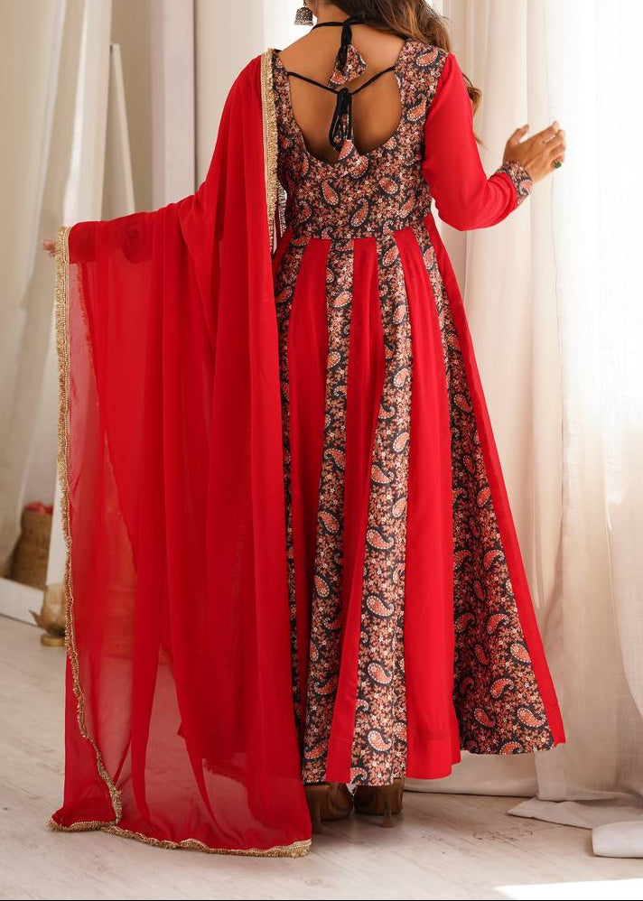 Black & Red Paisley Print Anarkali Set with Pant & Dupatta