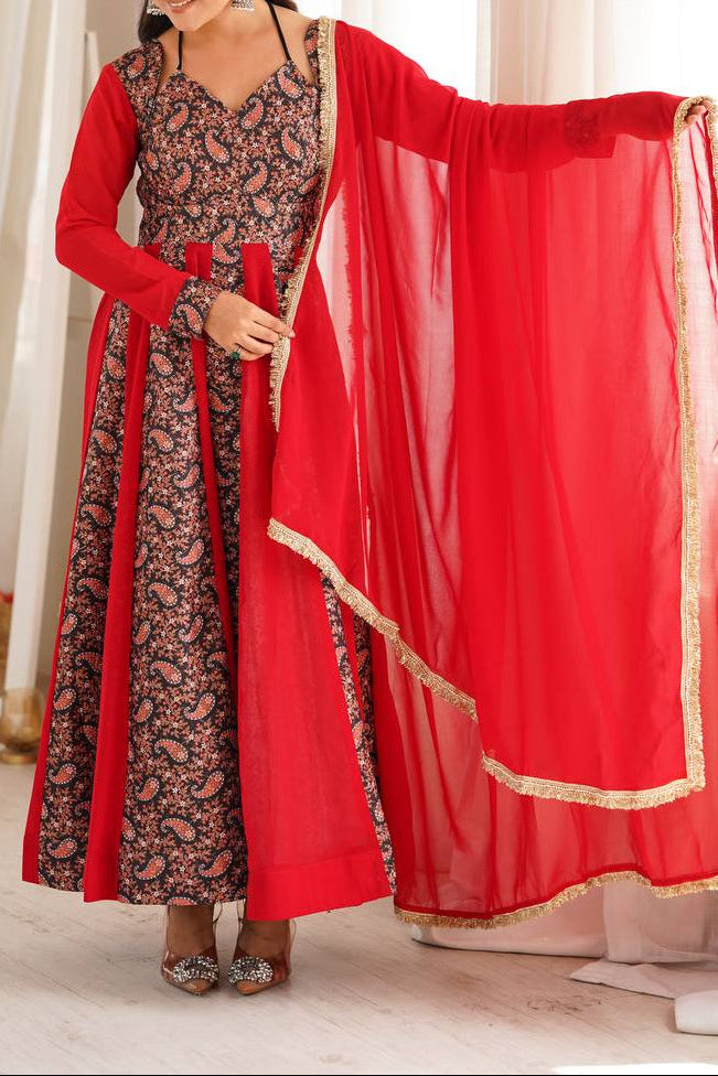 Black & Red Paisley Print Anarkali Set with Pant & Dupatta