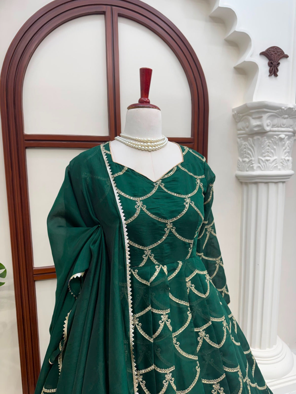Mul Chanderi Anarkali with Thread & Sequence Work with lace piping border work