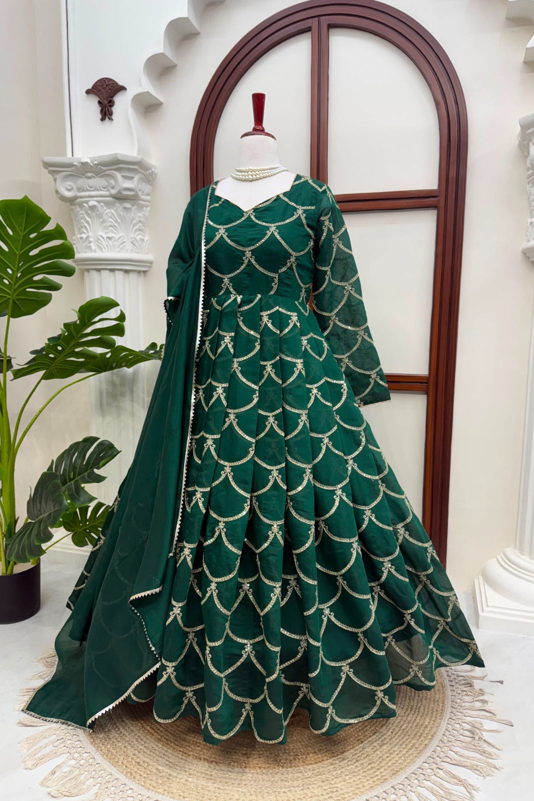 Mul Chanderi Anarkali with Thread & Sequence Work with lace piping border work