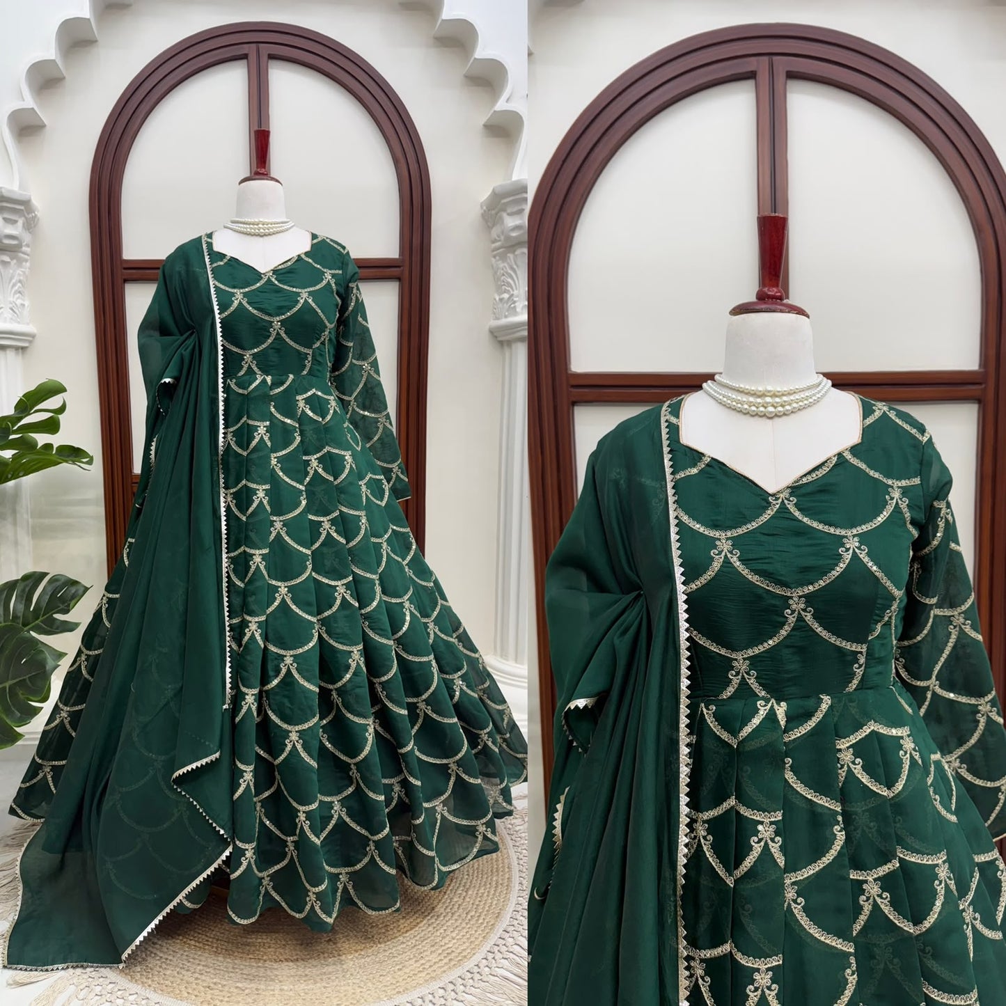 Mul Chanderi Anarkali with Thread & Sequence Work with lace piping border work
