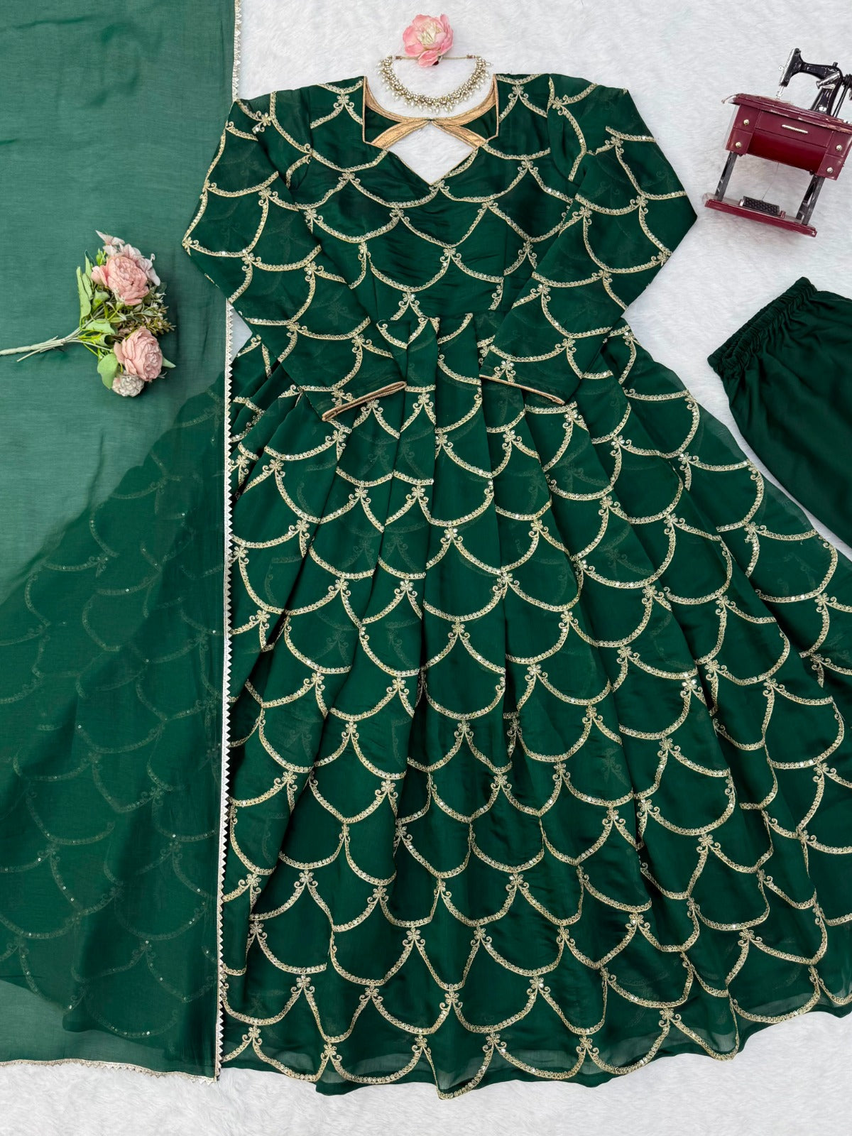 Mul Chanderi Anarkali with Thread & Sequence Work with lace piping border work