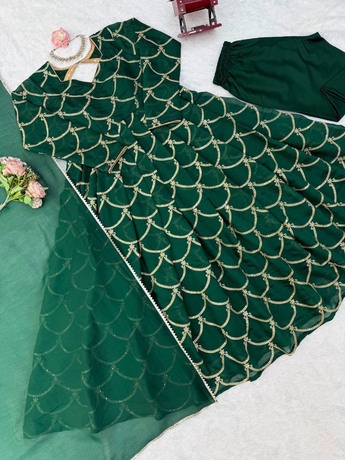 Mul Chanderi Anarkali with Thread & Sequence Work with lace piping border work