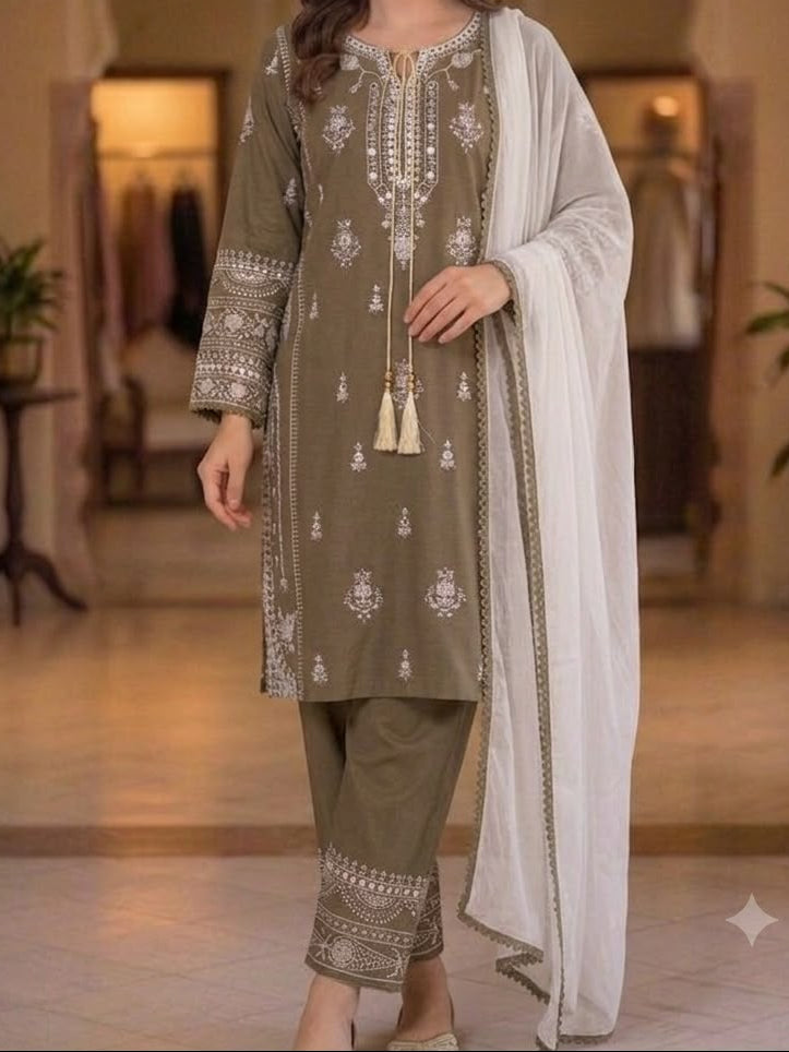 Reyon Embroidery Work With Paperwork Mirror Effect Top,Plazzo & Dupatta