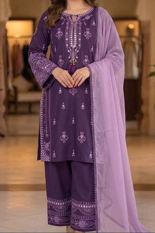 Reyon Embroidery Work With Paperwork Mirror Effect Top,Plazzo & Dupatta