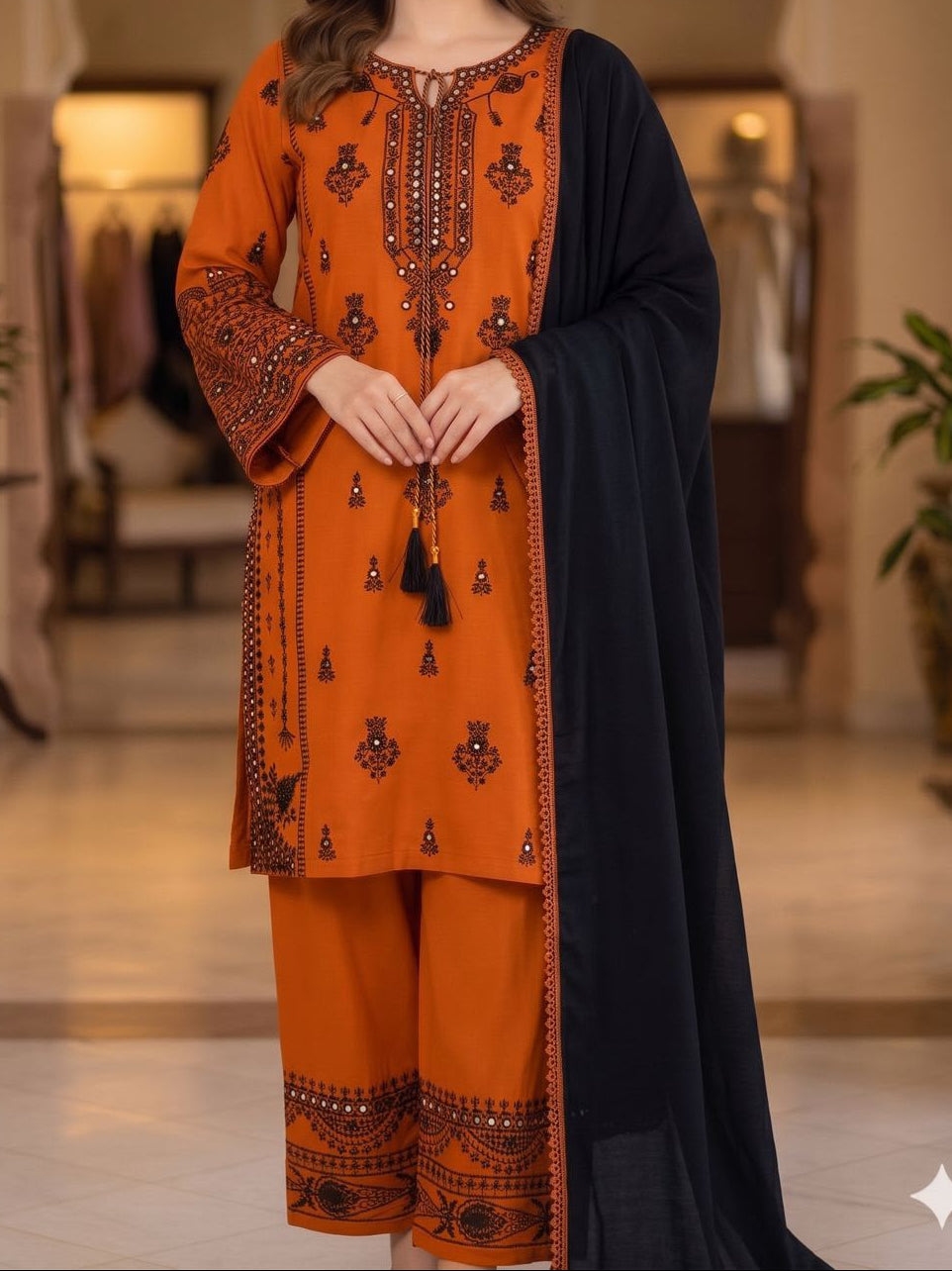 Reyon Embroidery Work With Paperwork Mirror Effect Top,Plazzo & Dupatta