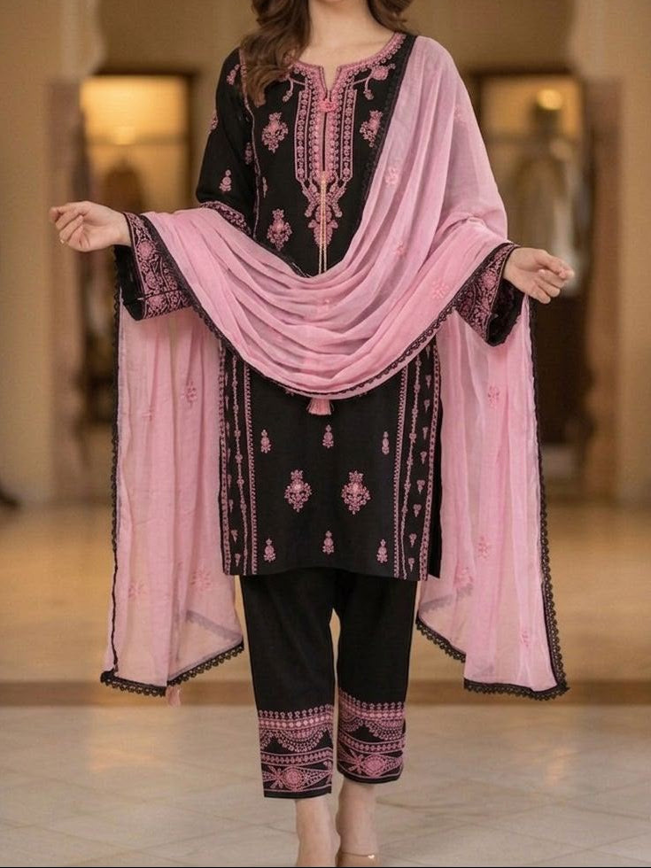 Reyon Embroidery Work With Paperwork Mirror Effect Top,Plazzo & Dupatta