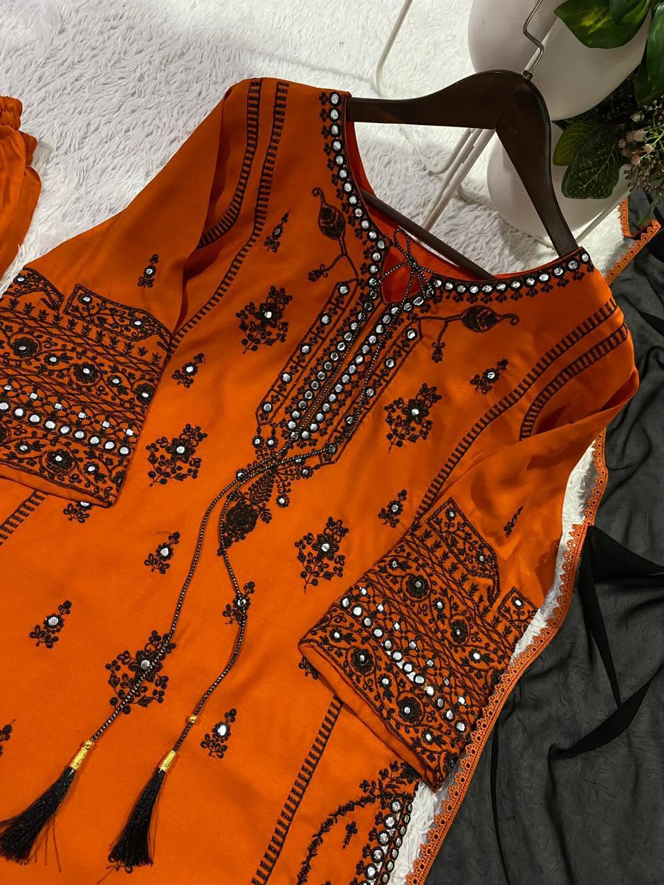 Reyon Embroidery Work With Paperwork Mirror Effect Top,Plazzo & Dupatta