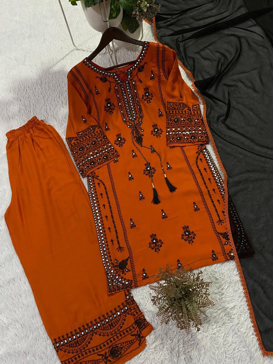 Reyon Embroidery Work With Paperwork Mirror Effect Top,Plazzo & Dupatta