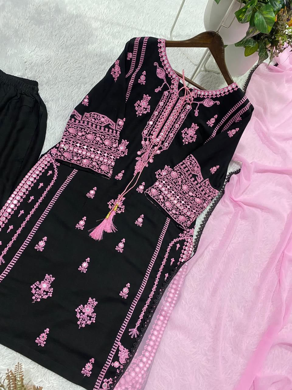 Reyon Embroidery Work With Paperwork Mirror Effect Top,Plazzo & Dupatta