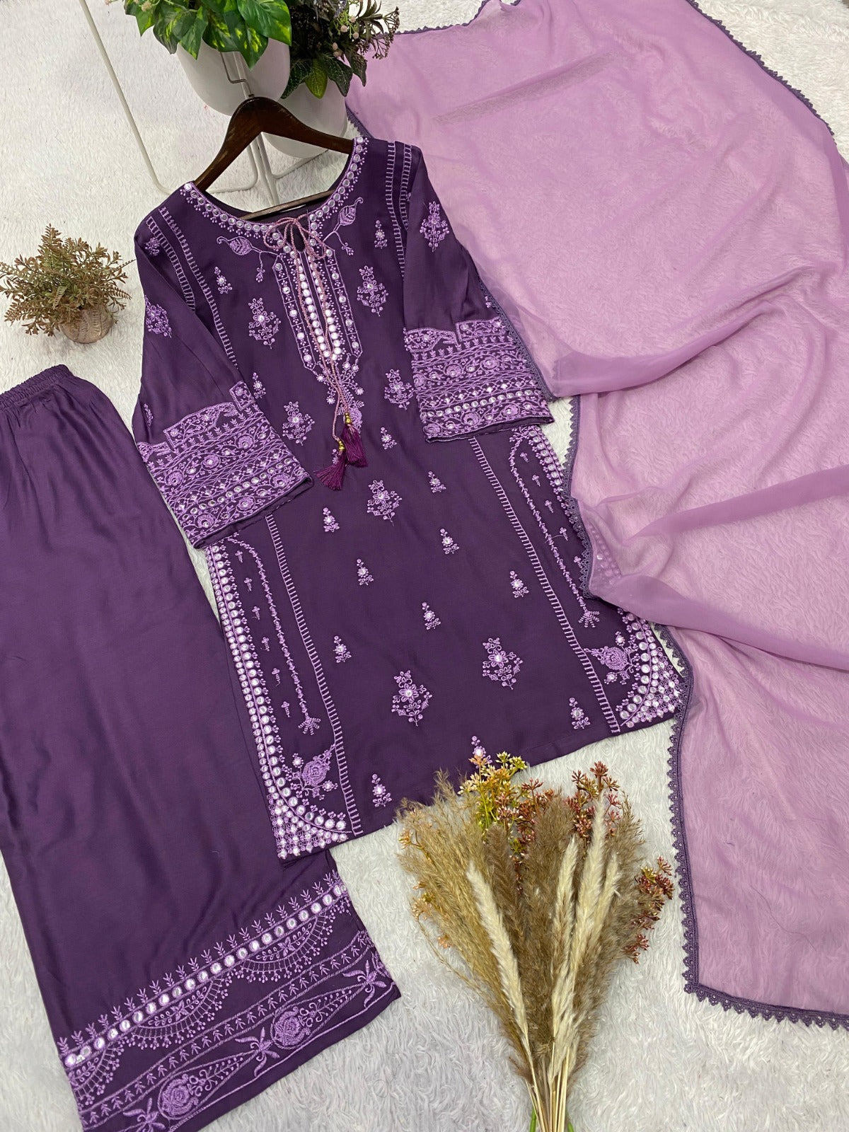 Reyon Embroidery Work With Paperwork Mirror Effect Top,Plazzo & Dupatta