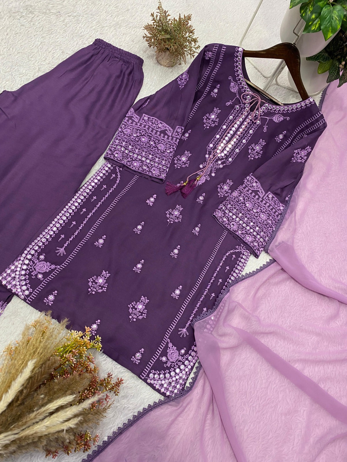 Reyon Embroidery Work With Paperwork Mirror Effect Top,Plazzo & Dupatta