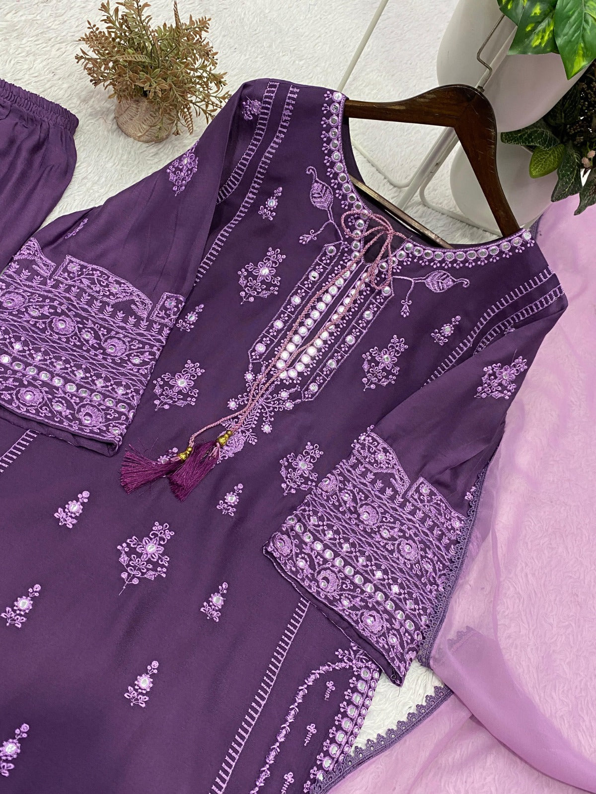 Reyon Embroidery Work With Paperwork Mirror Effect Top,Plazzo & Dupatta