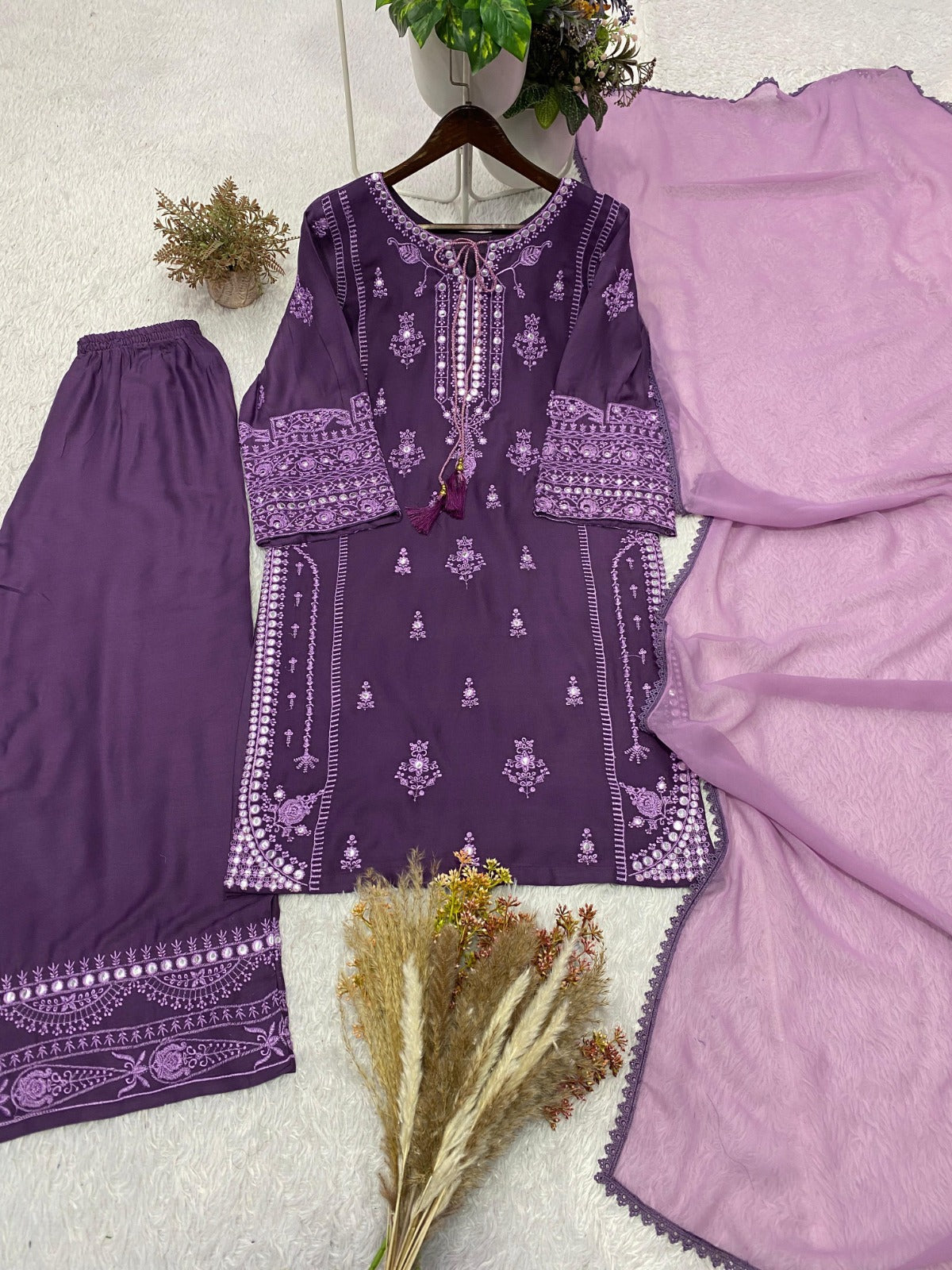 Reyon Embroidery Work With Paperwork Mirror Effect Top,Plazzo & Dupatta