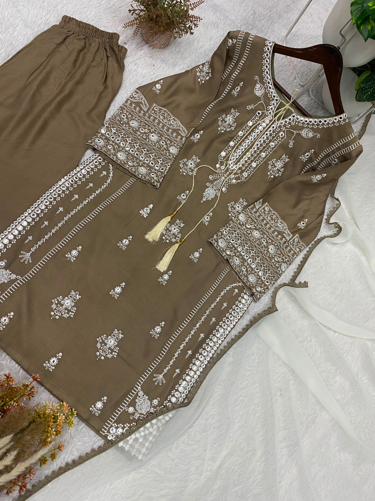 Reyon Embroidery Work With Paperwork Mirror Effect Top,Plazzo & Dupatta