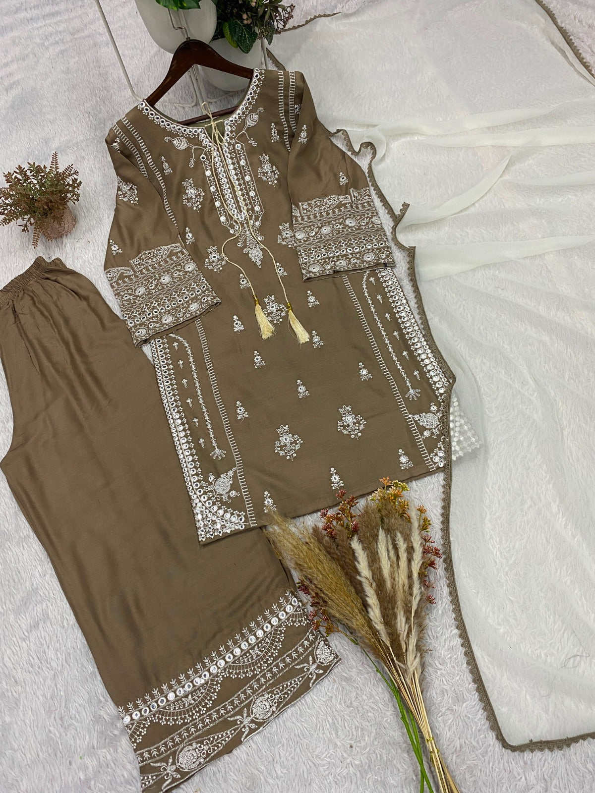Reyon Embroidery Work With Paperwork Mirror Effect Top,Plazzo & Dupatta