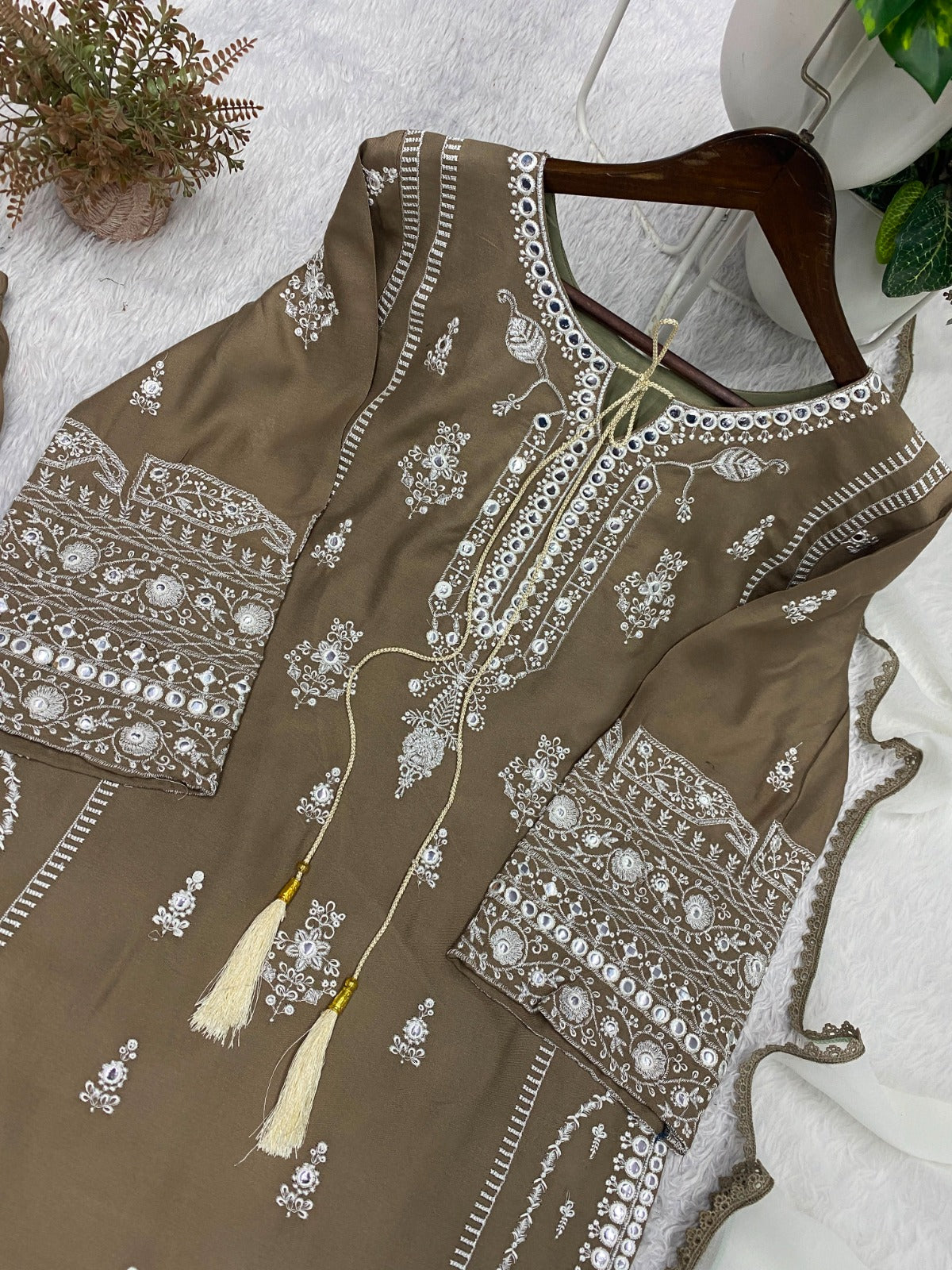 Reyon Embroidery Work With Paperwork Mirror Effect Top,Plazzo & Dupatta