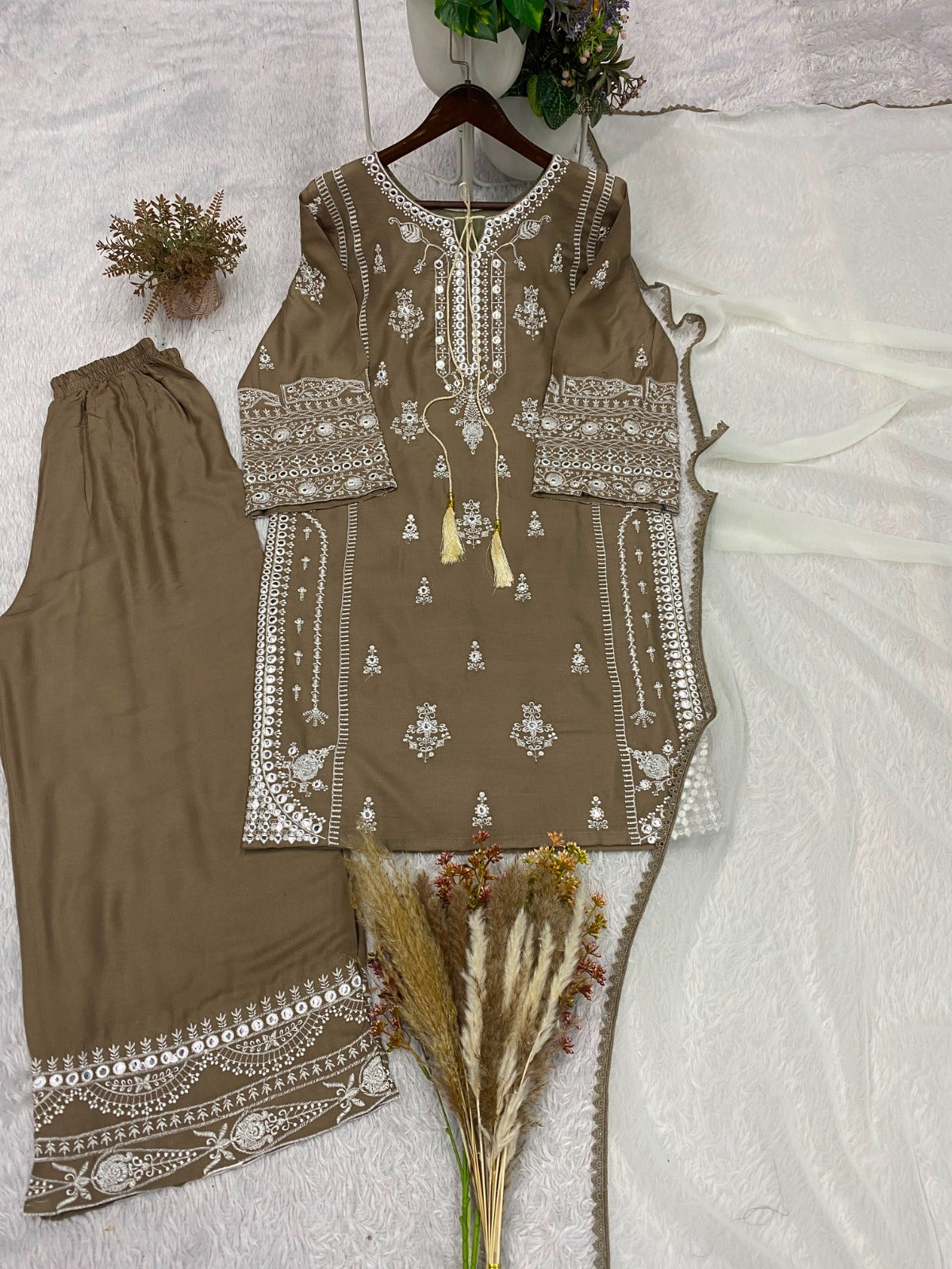 Reyon Embroidery Work With Paperwork Mirror Effect Top,Plazzo & Dupatta