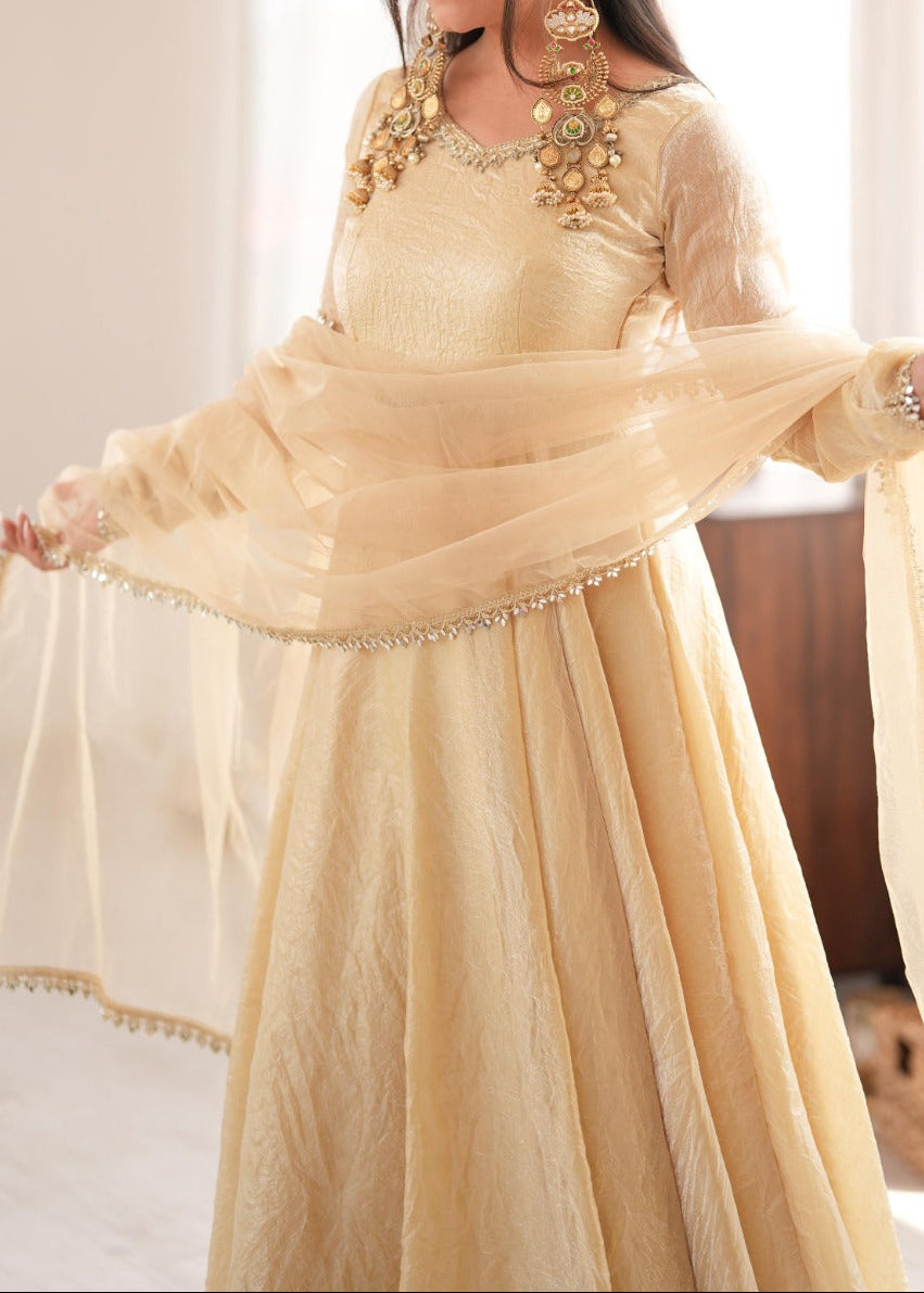 Crush Silk Heavy Flare Anarkali Suit Set With Mirror Work detailing