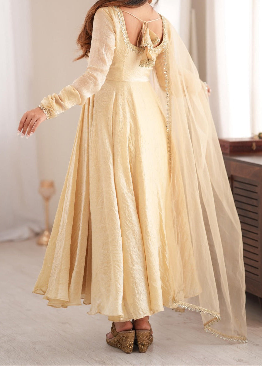 Crush Silk Heavy Flare Anarkali Suit Set With Mirror Work detailing