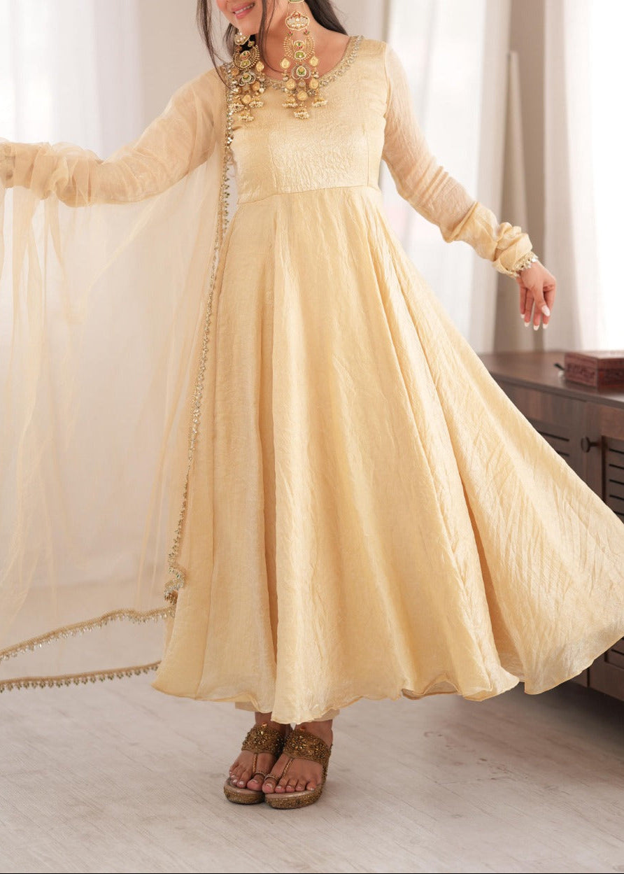 Crush Silk Heavy Flare Anarkali Suit Set With Mirror Work detailing