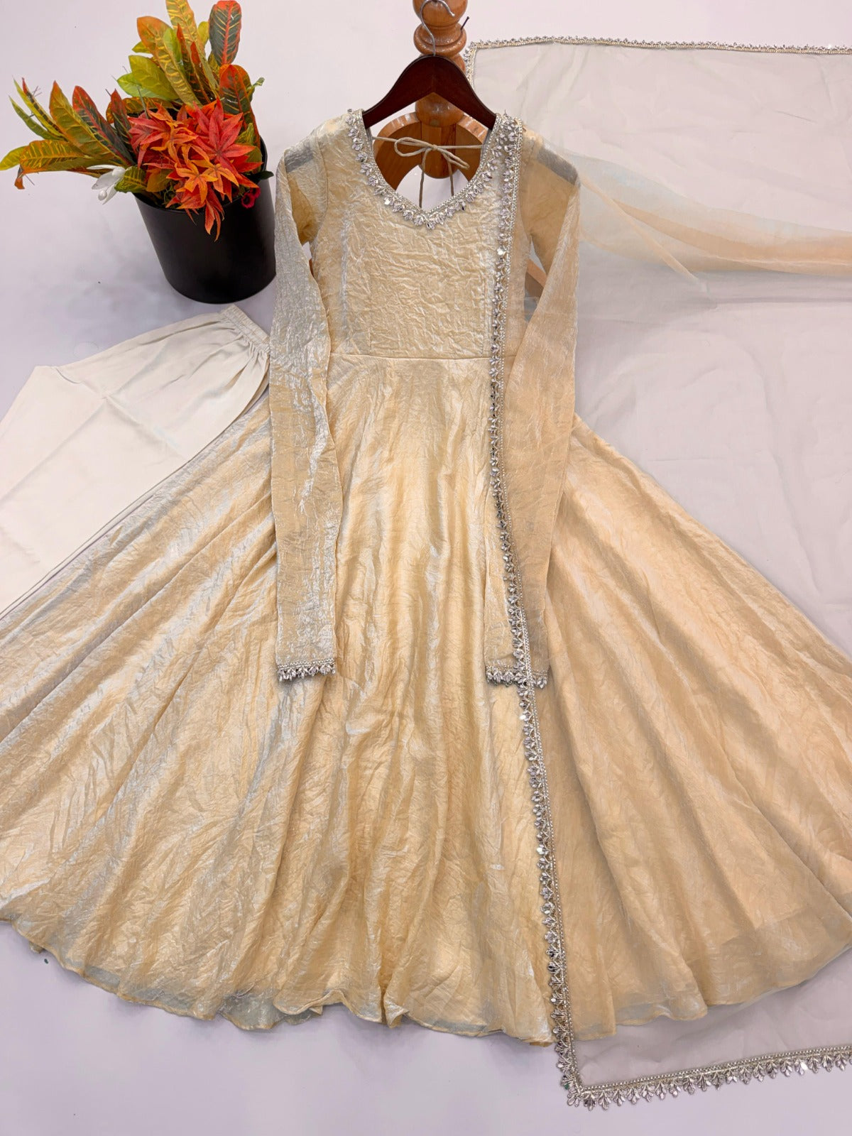 Crush Silk Heavy Flare Anarkali Suit Set With Mirror Work detailing