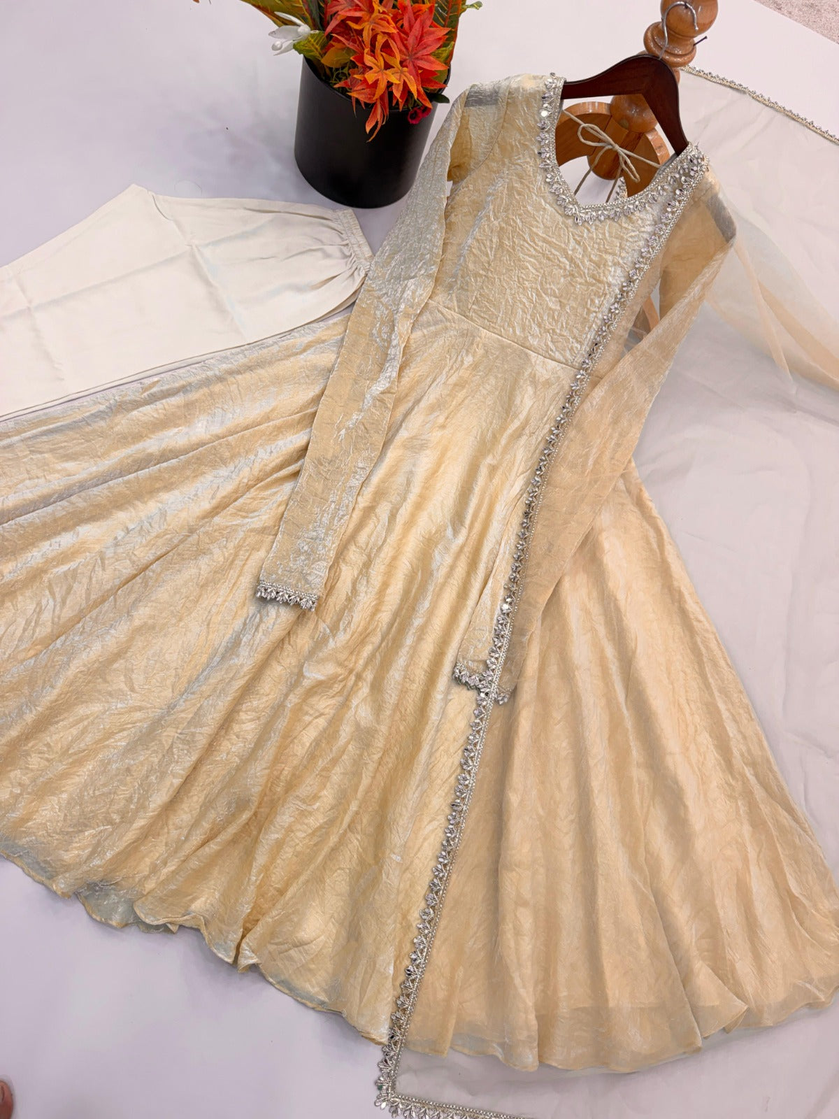 Crush Silk Heavy Flare Anarkali Suit Set With Mirror Work detailing