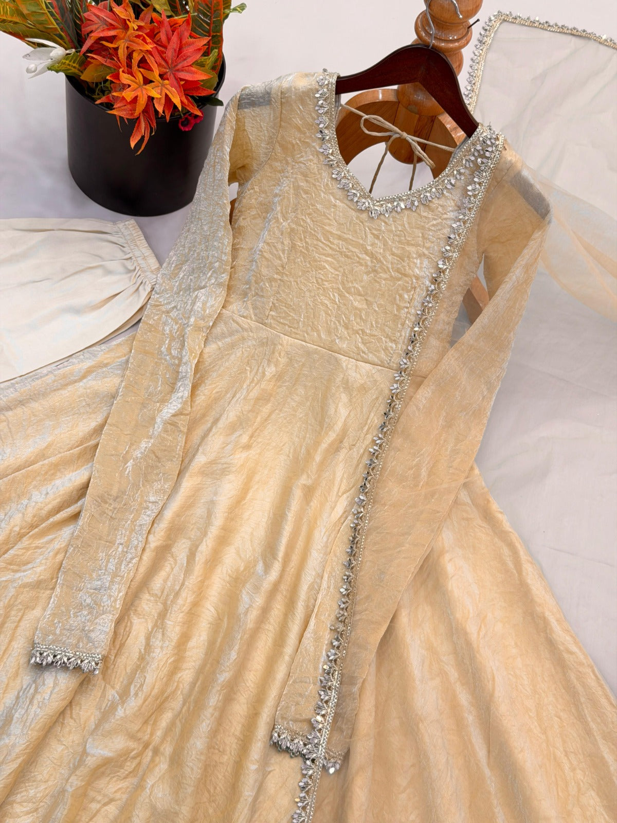 Crush Silk Heavy Flare Anarkali Suit Set With Mirror Work detailing