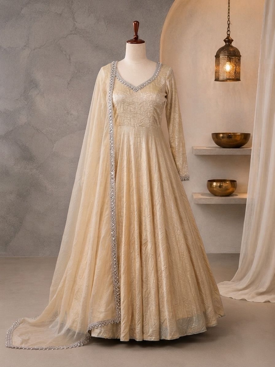 Crush Silk Heavy Flare Anarkali Suit Set With Mirror Work detailing