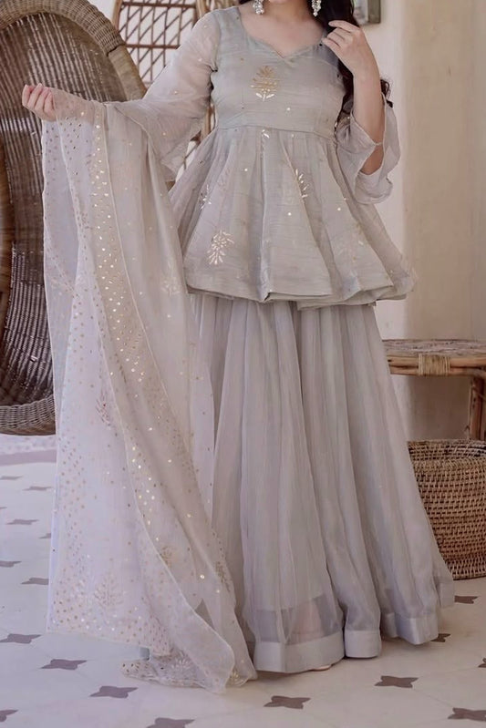 Party Wear Tibby Silk Foil Work Sharara Set