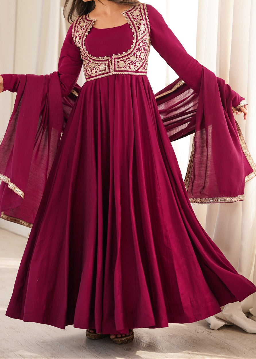 Maroon Color Anarkali Gown With Fancy Jacket With 5.5 MTR Huge Flair