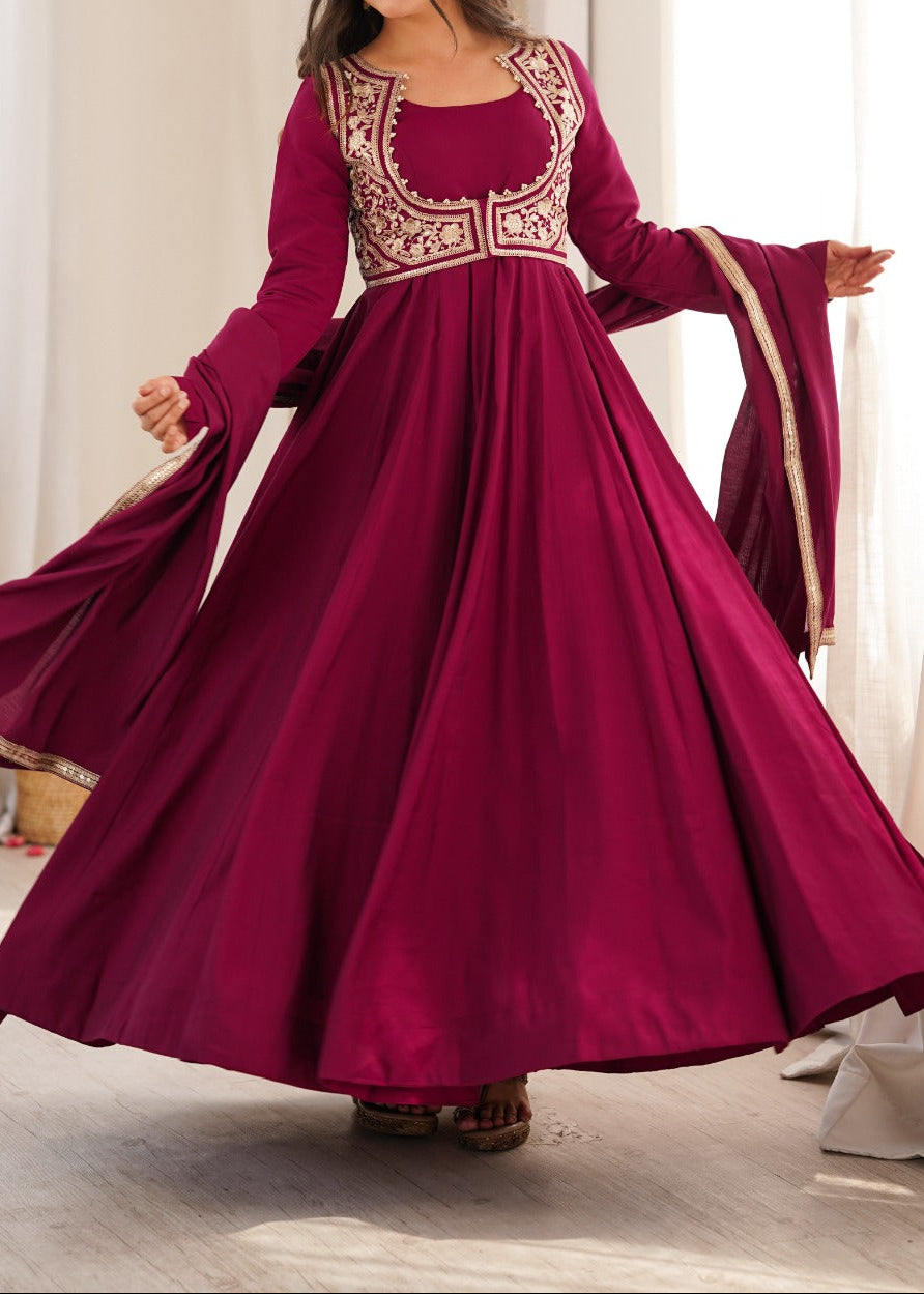 Maroon Color Anarkali Gown With Fancy Jacket With 5.5 MTR Huge Flair