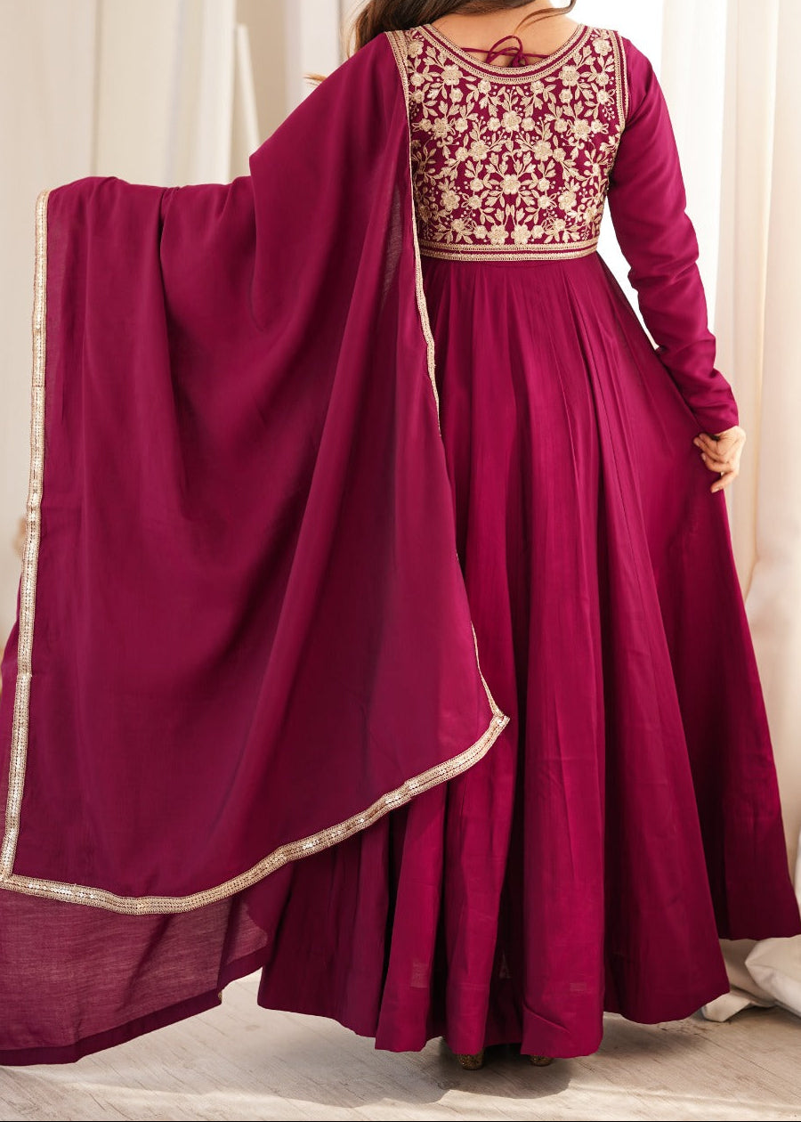 Maroon Color Anarkali Gown With Fancy Jacket With 5.5 MTR Huge Flair