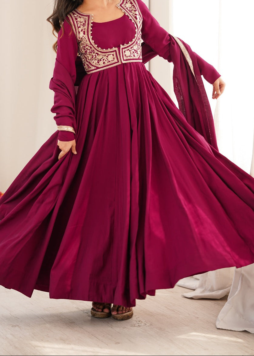 Maroon Color Anarkali Gown With Fancy Jacket With 5.5 MTR Huge Flair