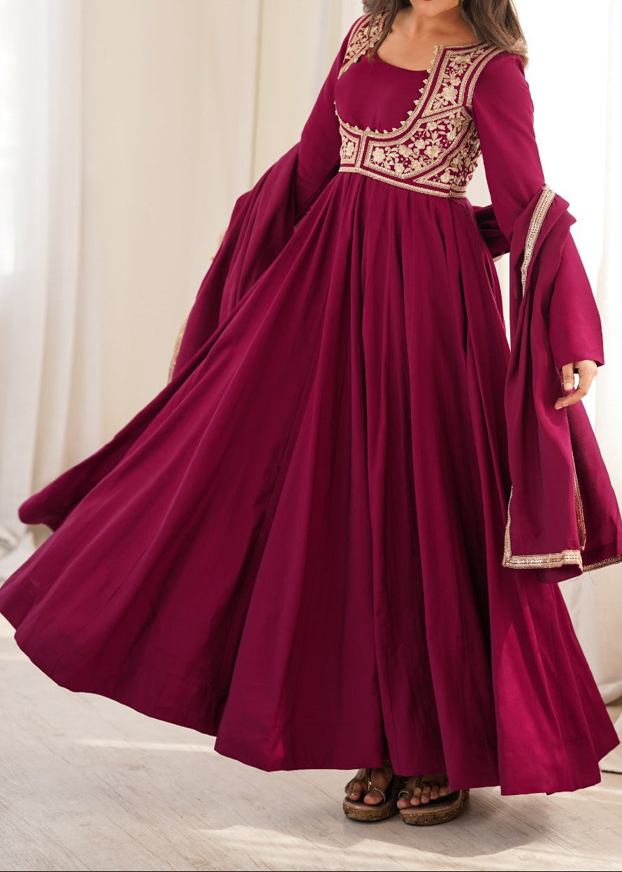 Maroon Color Anarkali Gown With Fancy Jacket With 5.5 MTR Huge Flair