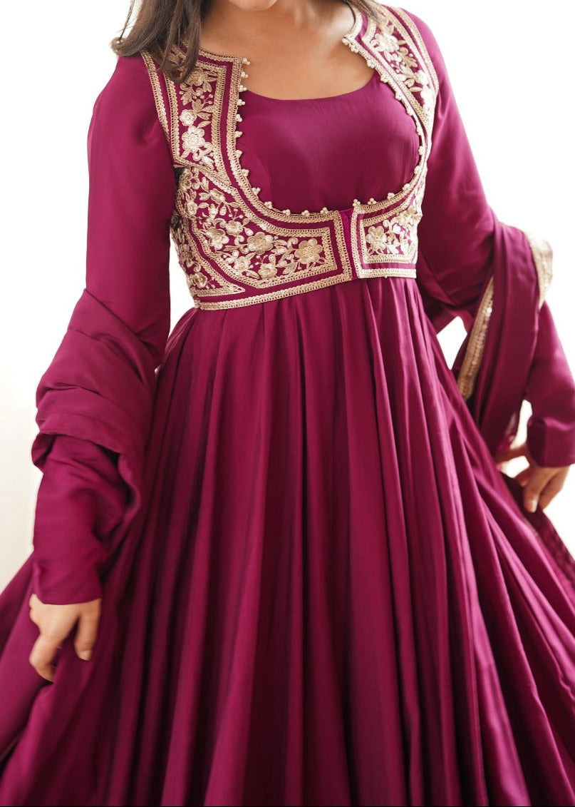 Maroon Color Anarkali Gown With Fancy Jacket With 5.5 MTR Huge Flair
