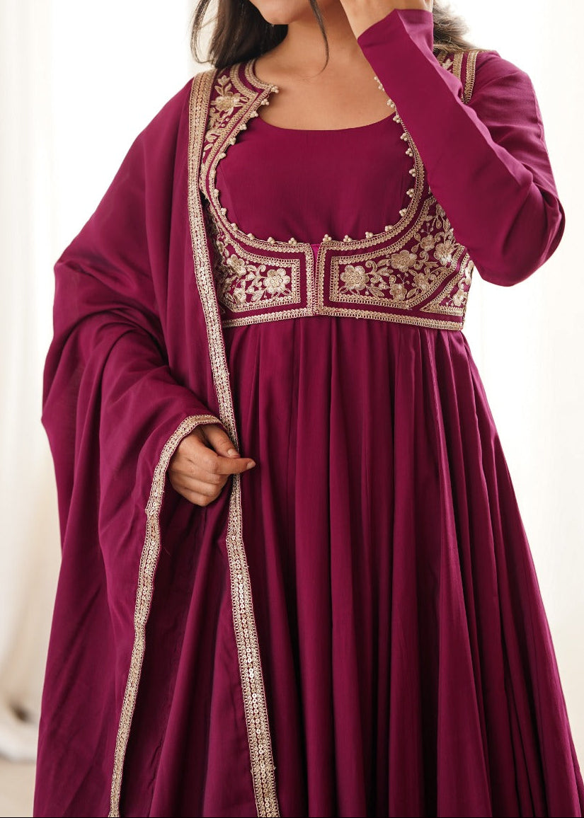 Maroon Color Anarkali Gown With Fancy Jacket With 5.5 MTR Huge Flair