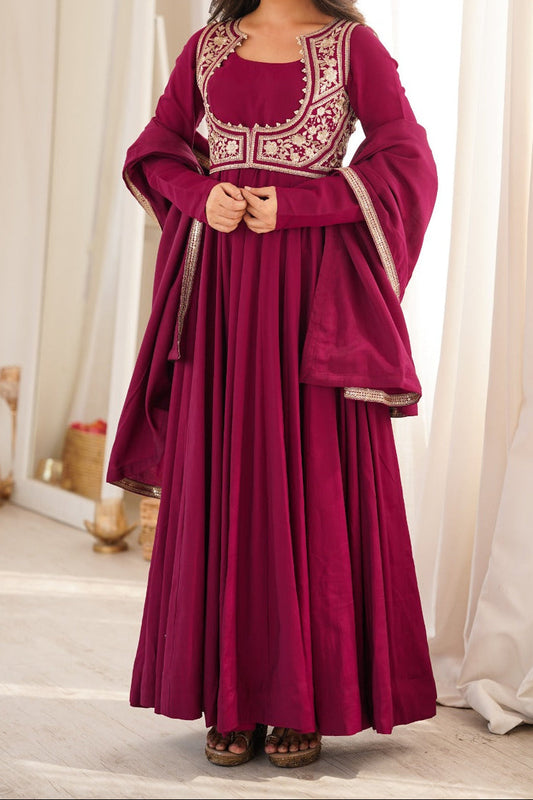 Maroon Color Anarkali Gown With Fancy Jacket With 5.5 MTR Huge Flair