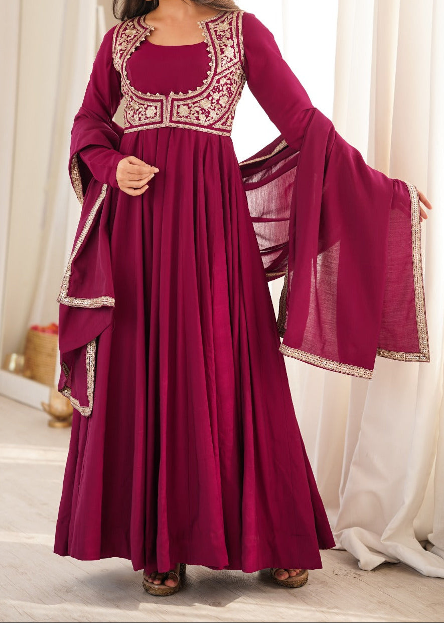 Maroon Color Anarkali Gown With Fancy Jacket With 5.5 MTR Huge Flair